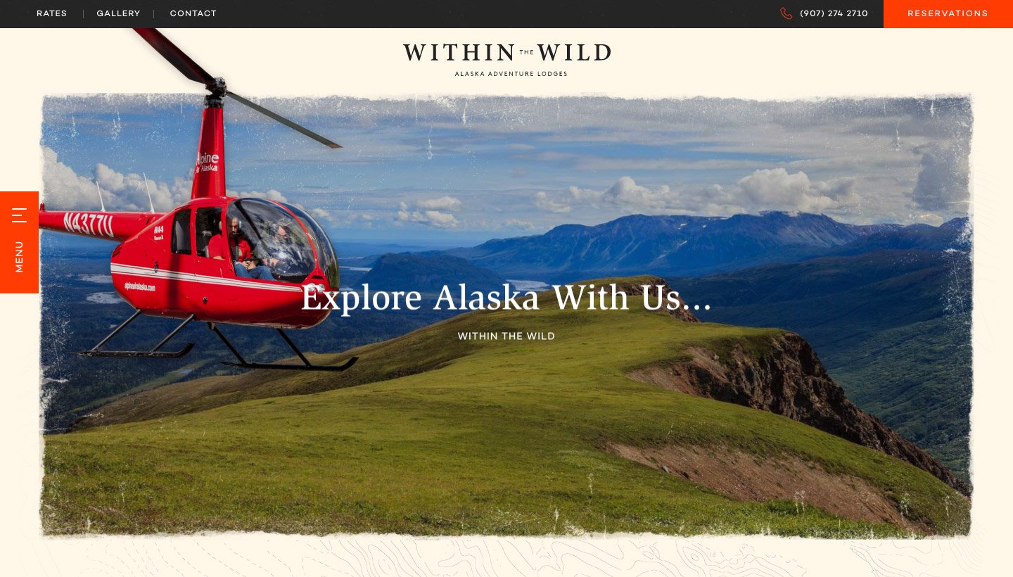One of the Within The Wild website pages with an image of a helicopter flying through mountains.