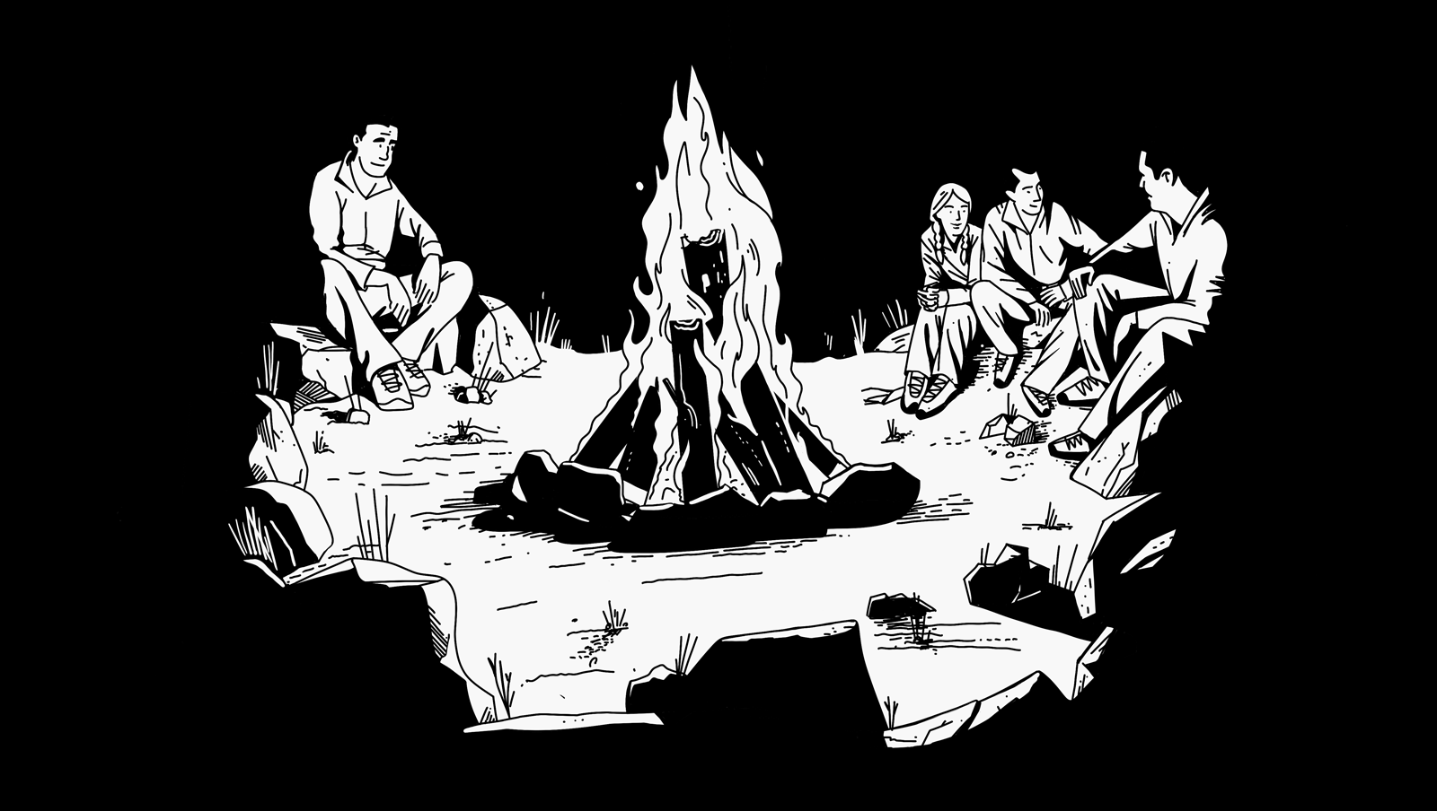 Illustration of people sitting around a campfire