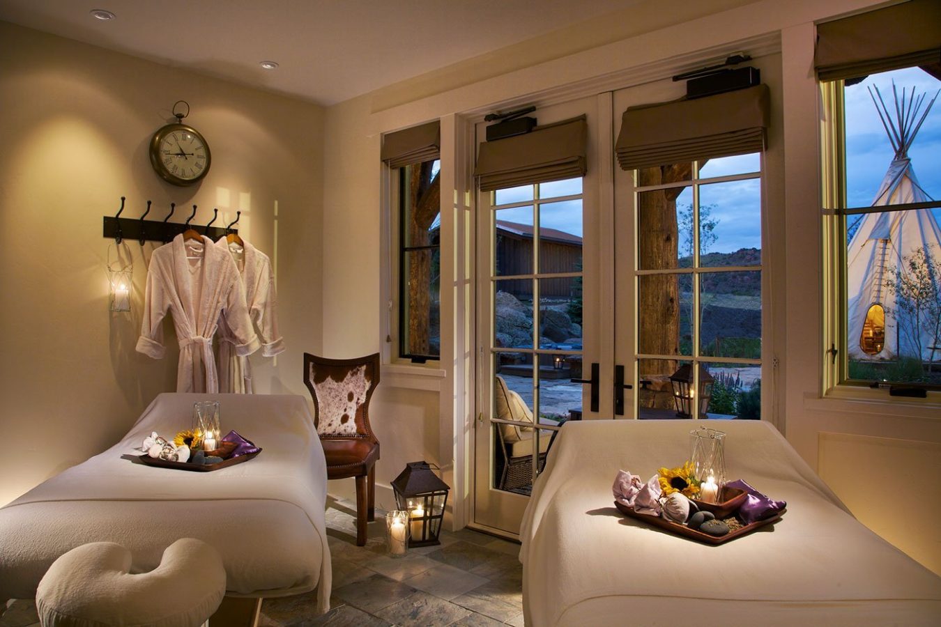 The massage room at Brush Creek Ranch with two massage beds.