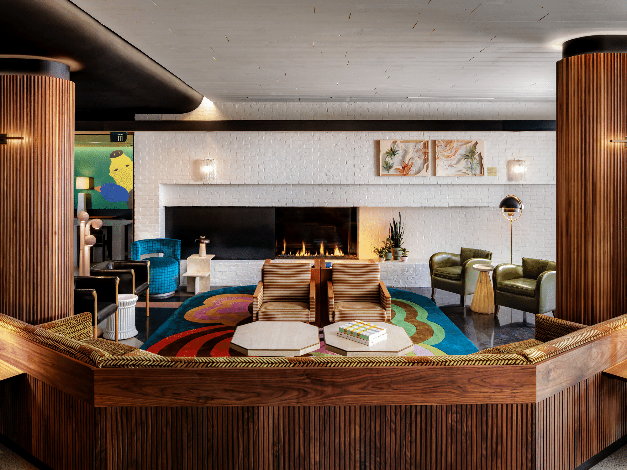 Luxury hotel interior with city views
