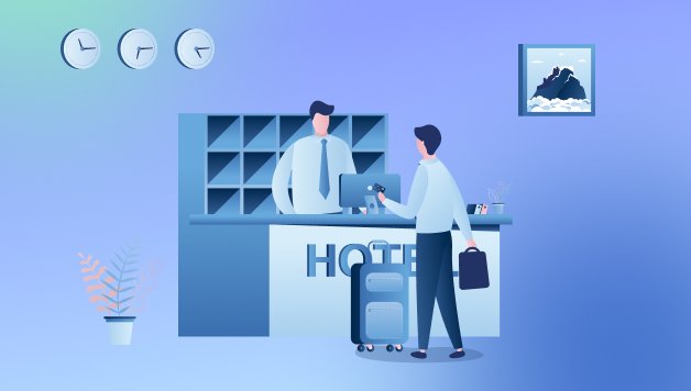 Hotel guest checking in at a front desk, representing the hotel guest journey, booking experience, and direct booking process.